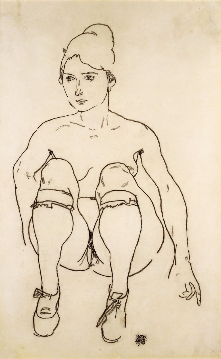Siedzący nago z butami i pończochami; Siedzący akt z butami i pończochami, 1918 autorstwa Egon Schiele