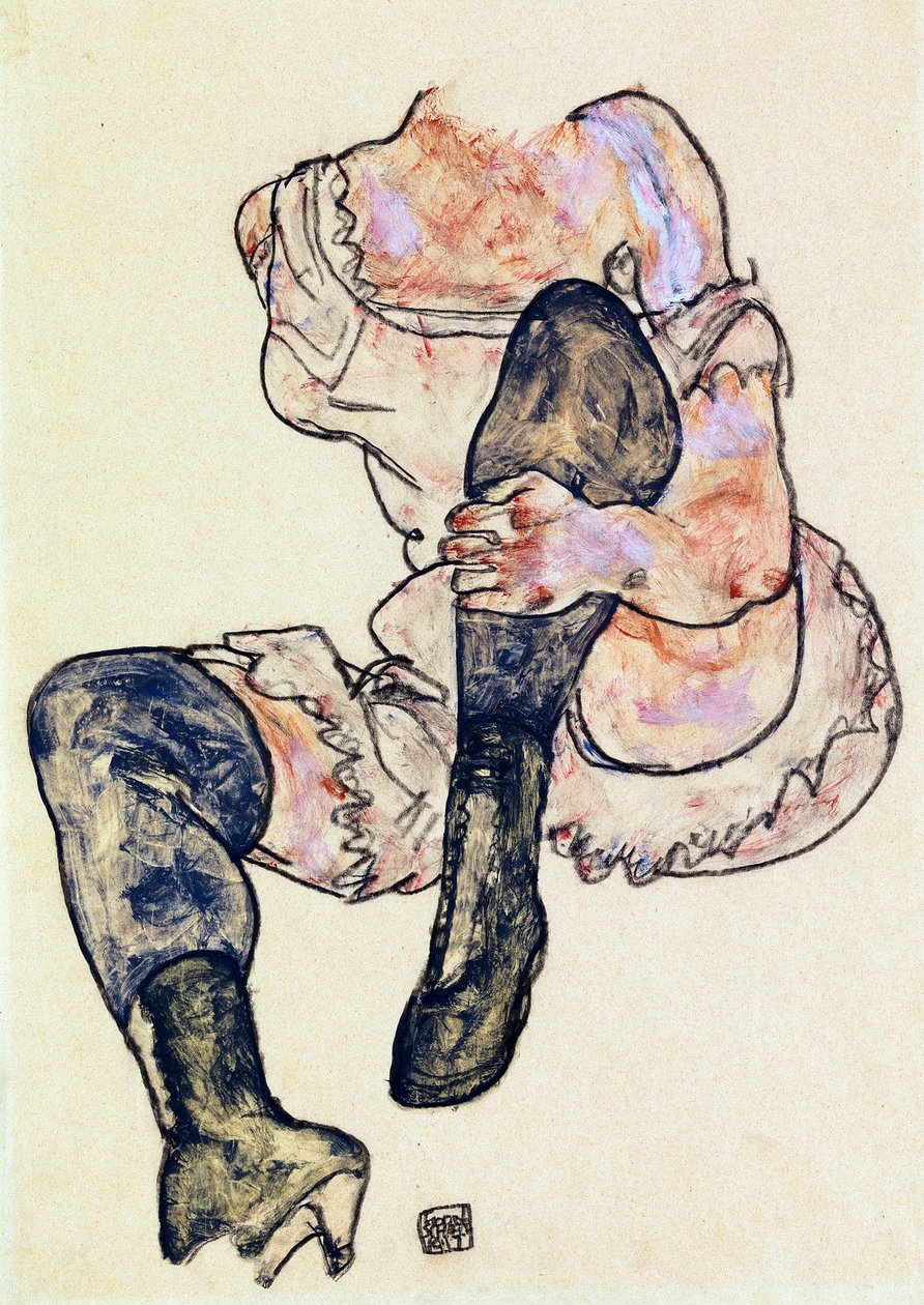Siedząca kobieta ze zgiętą lewą nogą (tułów) par Schiele, Egon (1890-1918), ok. 1930 r. 1917 - Gwasz i Pastel na papierze, 43,2x29,9 - Kolekcja prywatna autorstwa Egon Schiele