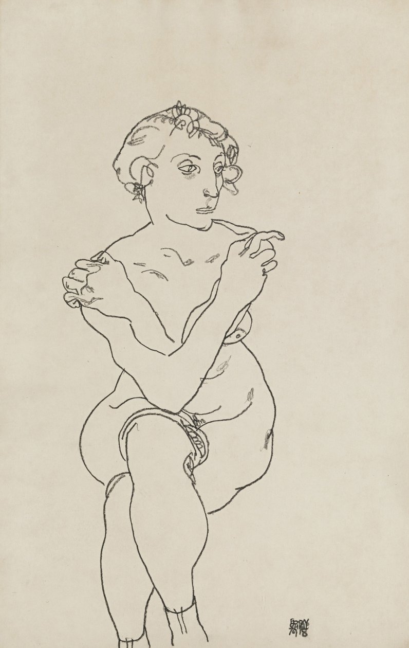 Naga kobieta w pozycji siedzącej, skrzyżowane ręce i nogi, 1918 autorstwa Egon Schiele