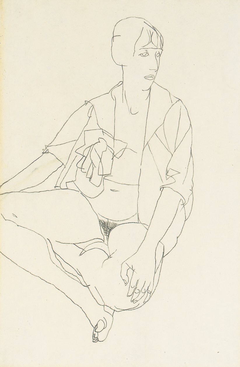 Akt kobiecy w pozycji siedzącej z rozpiętą bluzką, 1913 autorstwa Egon Schiele