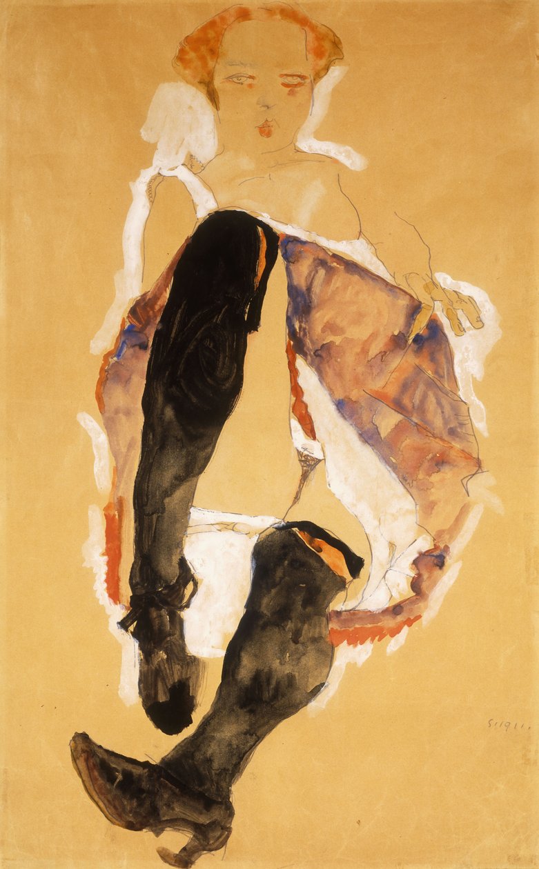 Posadzona kobieta z Czarnymi pończochami; Siedząca dziewczyna w czarnych pończochach, 1911 autorstwa Egon Schiele