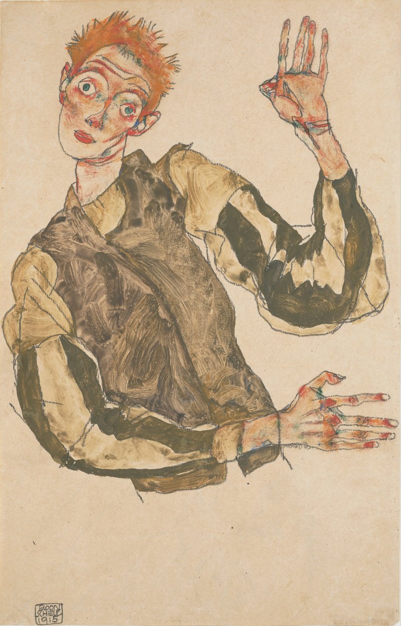 Autoportret w pasiastych ochraniaczach rękawów autorstwa Egon Schiele