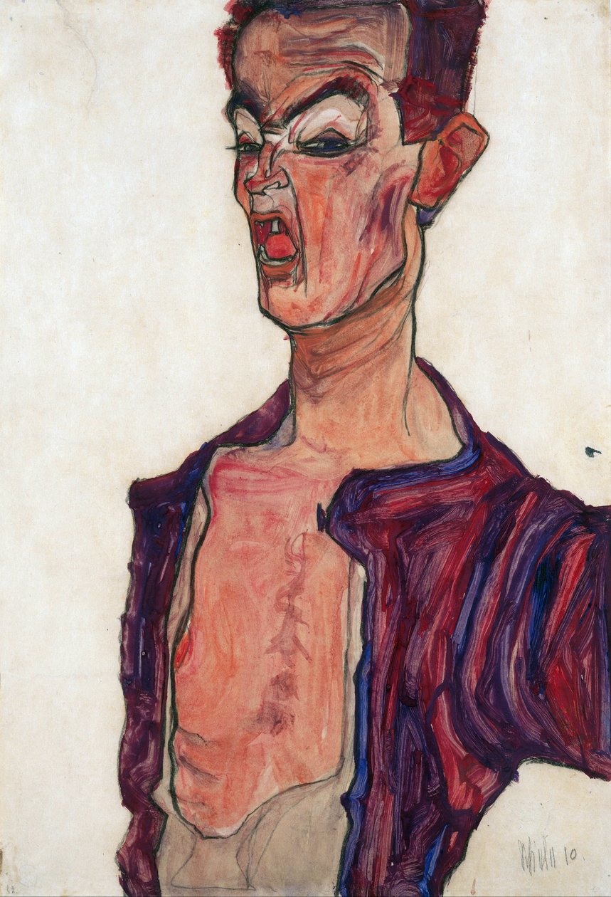 Autoportret, Grymas - Schiele, Egon (1890-1918) - 1910 - Gwasz na papierze - 45,3x30,7 - Leopold Museum, Wiedeń autorstwa Egon Schiele