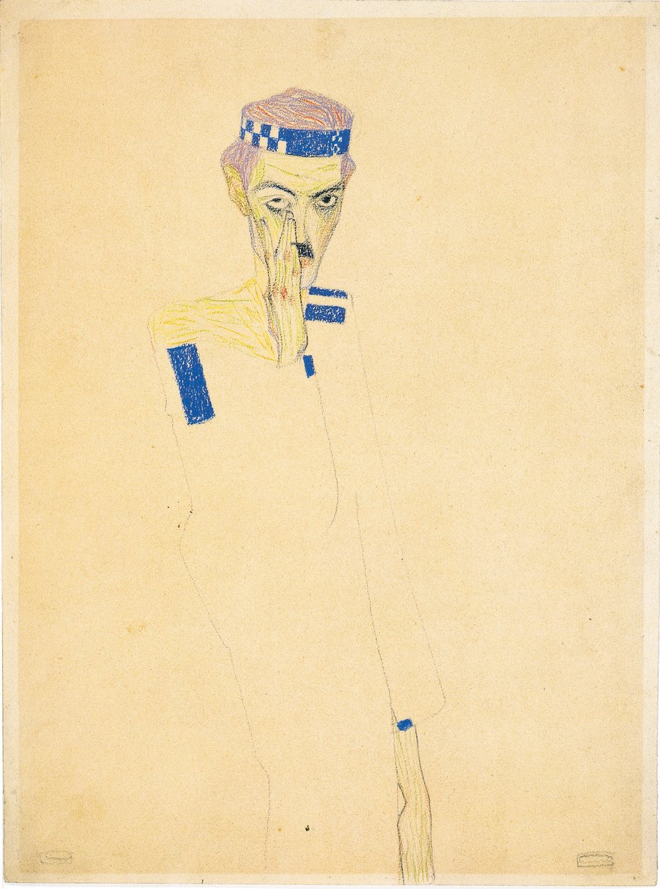 Autoportret z opaską na głowę w niebieską kratkę, 1909. autorstwa Egon Schiele