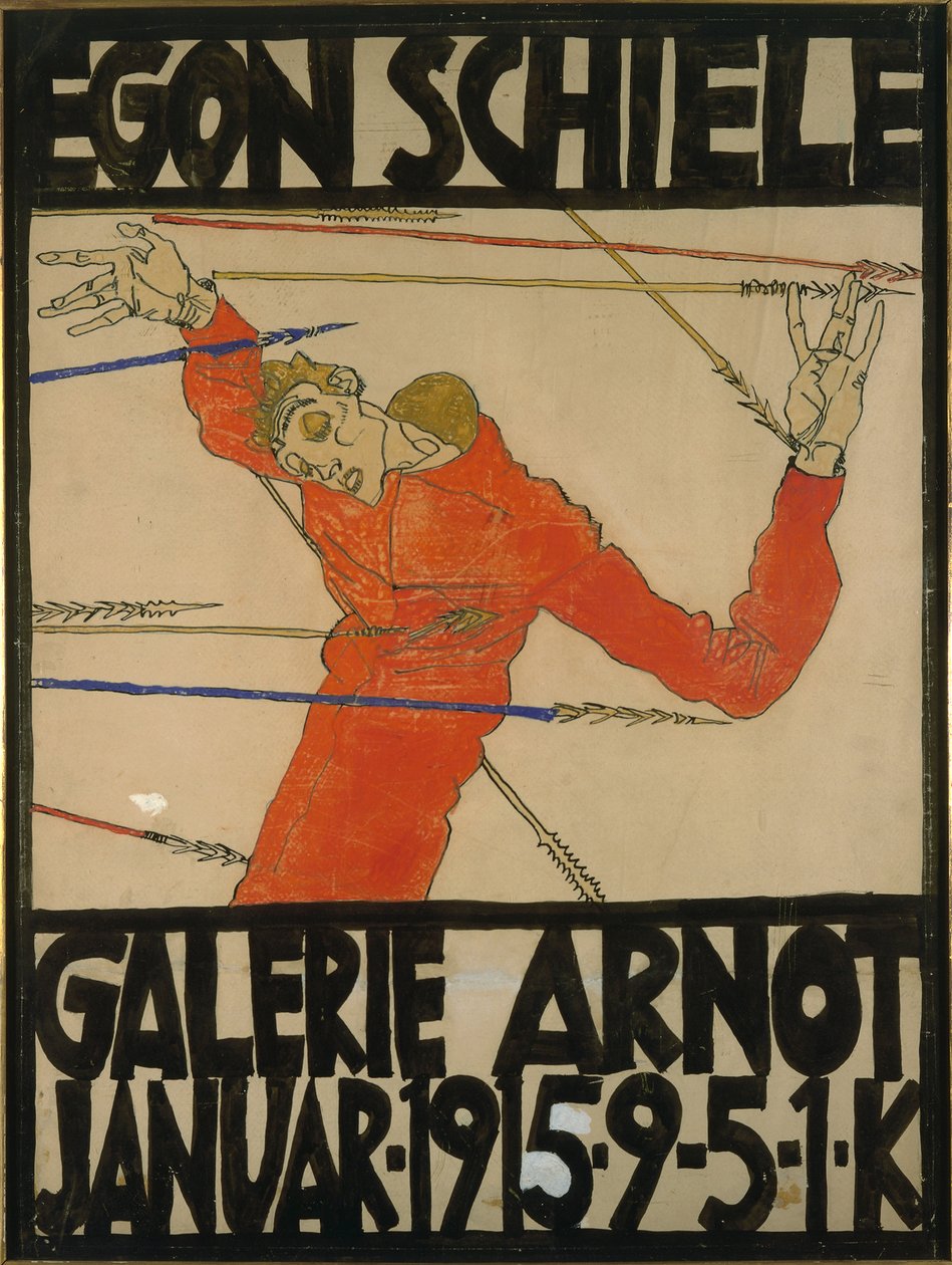 Autoportret jako św. Sebastian, projekt plakatu na moją wystawę w Galerie Arnot, 1914 (gwasz, czarna kredka i tusz na tekturze) autorstwa Egon Schiele