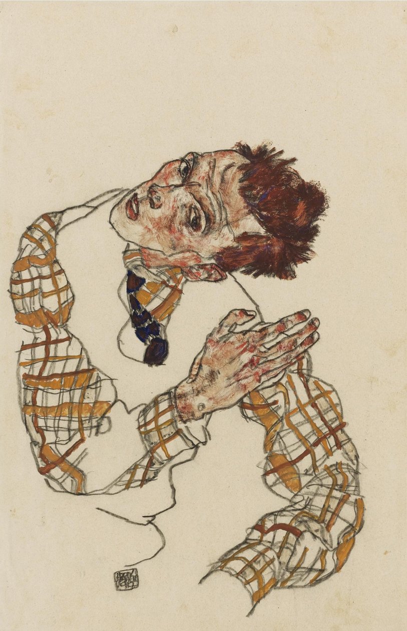 Autoportret z koszulą w kratę, 1917 autorstwa Egon Schiele