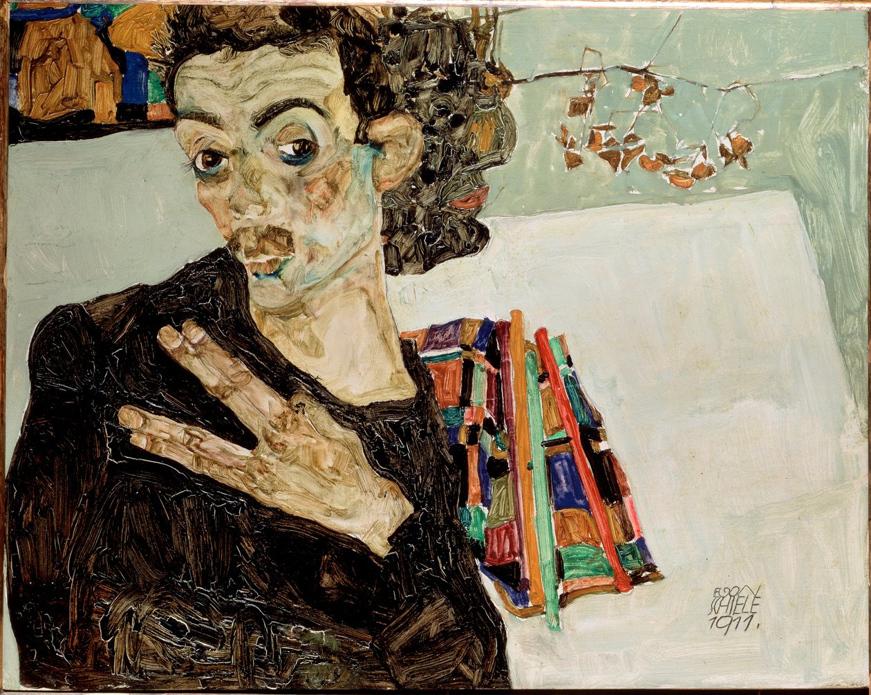 Autoportret z rozstawionymi palcami. Obraz Egona Schiele autorstwa Egon Schiele