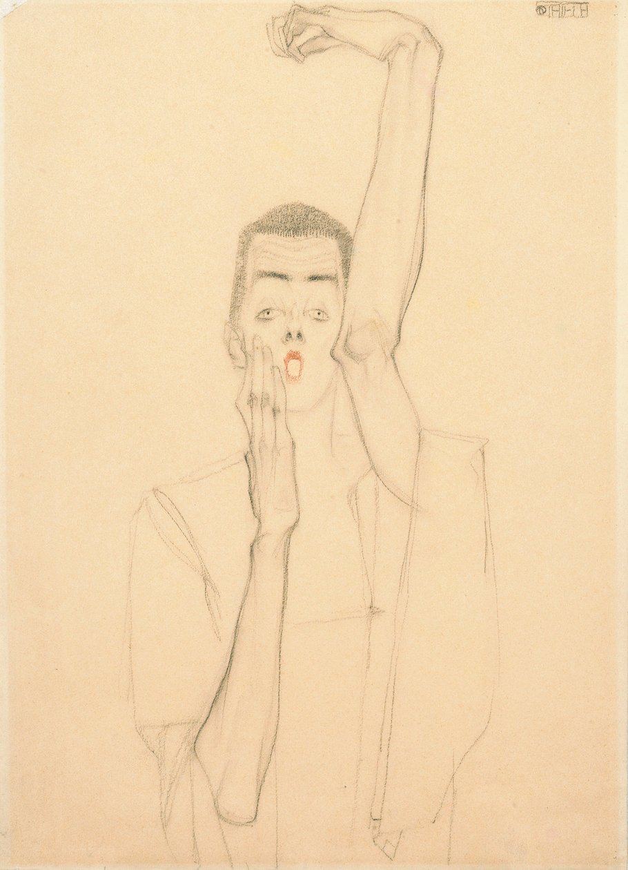 Autoportret z uniesionym ramieniem i czerwonymi ustami autorstwa Egon Schiele
