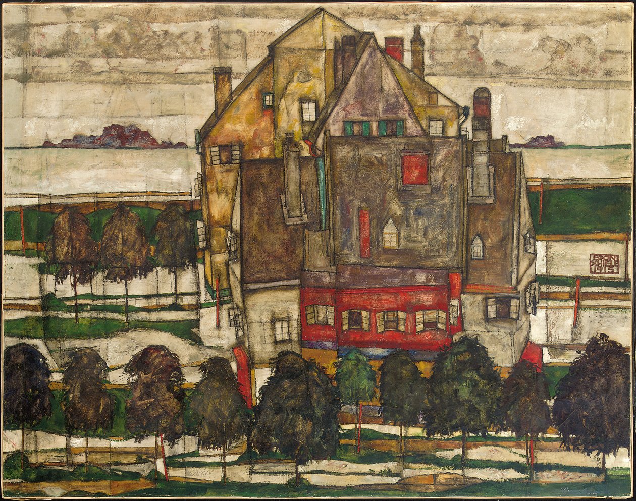 Domy jednorodzinne (Domy z Górą) 1915 (olej na płótnie) autorstwa Egon Schiele
