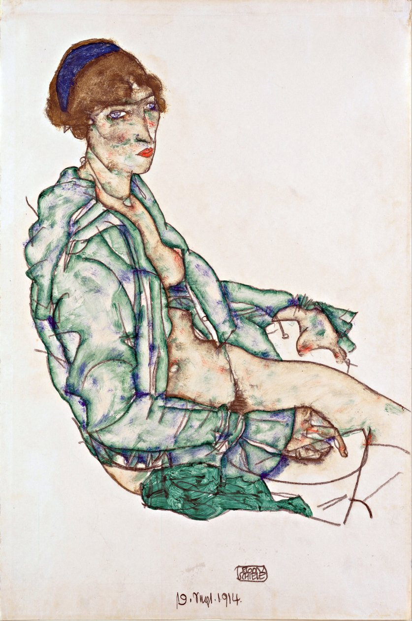 Siedzący półak z niebieską opaską do włosów - Schiele, Egon (1890-1918) - 1914 - Czarna kreda, gwasz na papierze - 47,4x31,3 - Muzeum Leopolda, Wiedeń autorstwa Egon Schiele