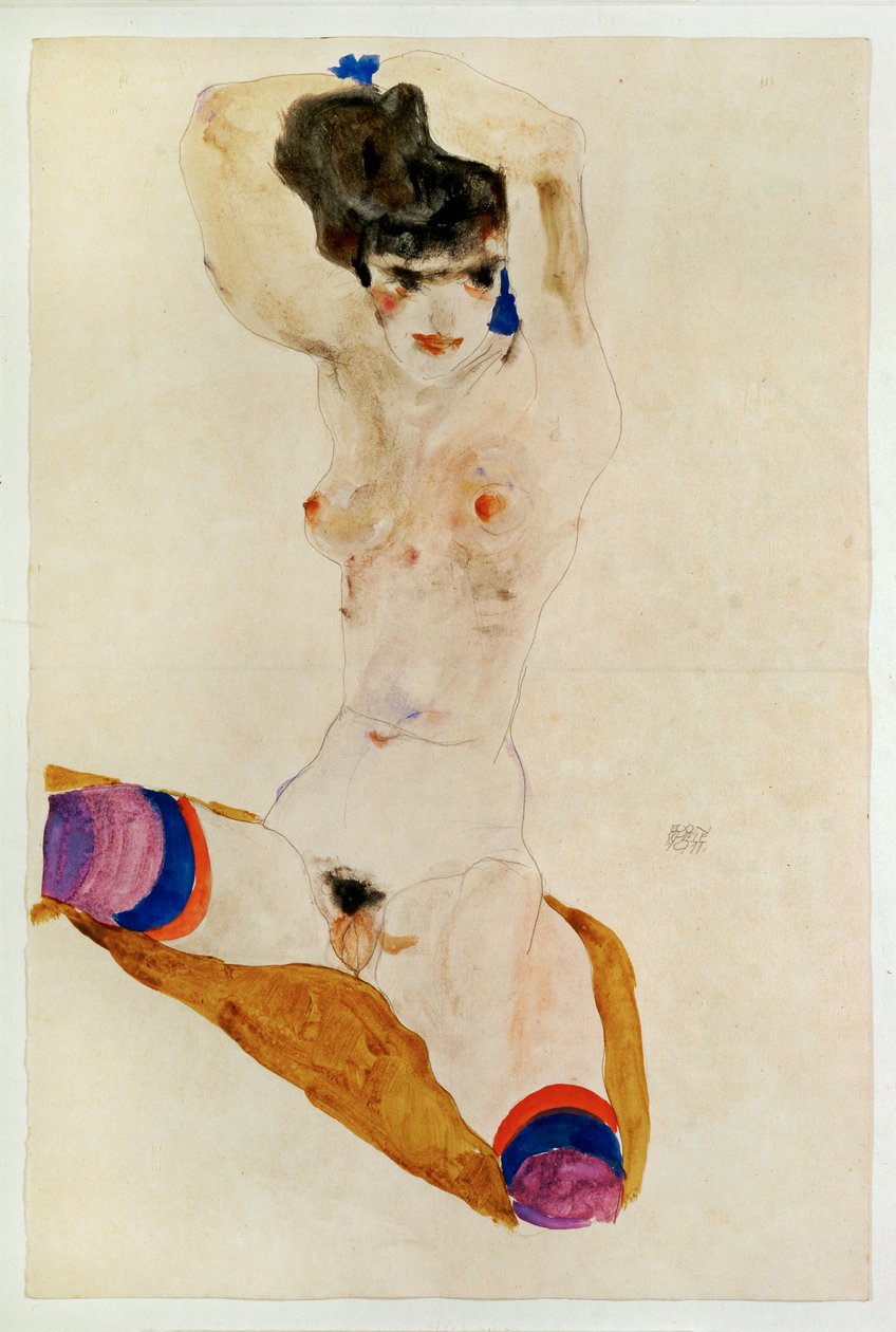 Siedząca naga dziewczyna z głową ... (akwarela i ołówek) autorstwa Egon Schiele