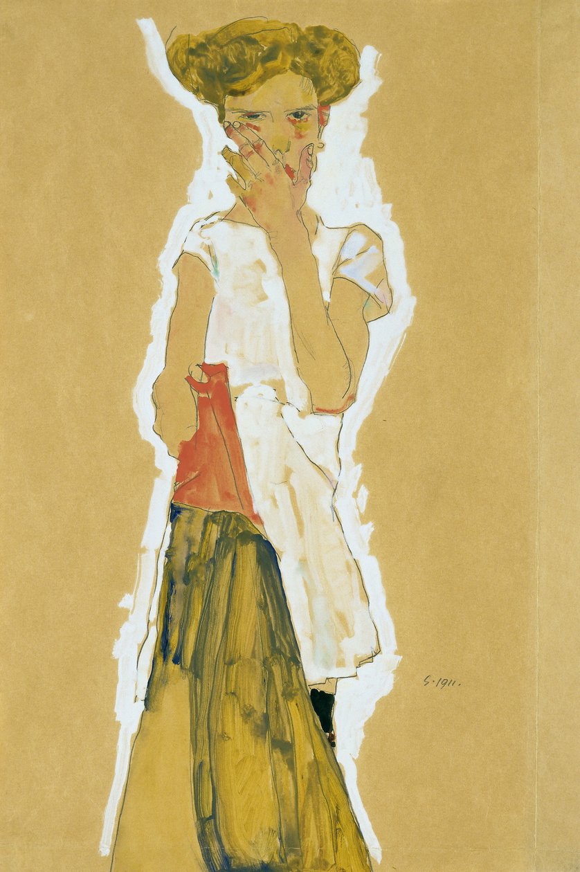 Stojąca dziewczyna w białej halce autorstwa Egon Schiele