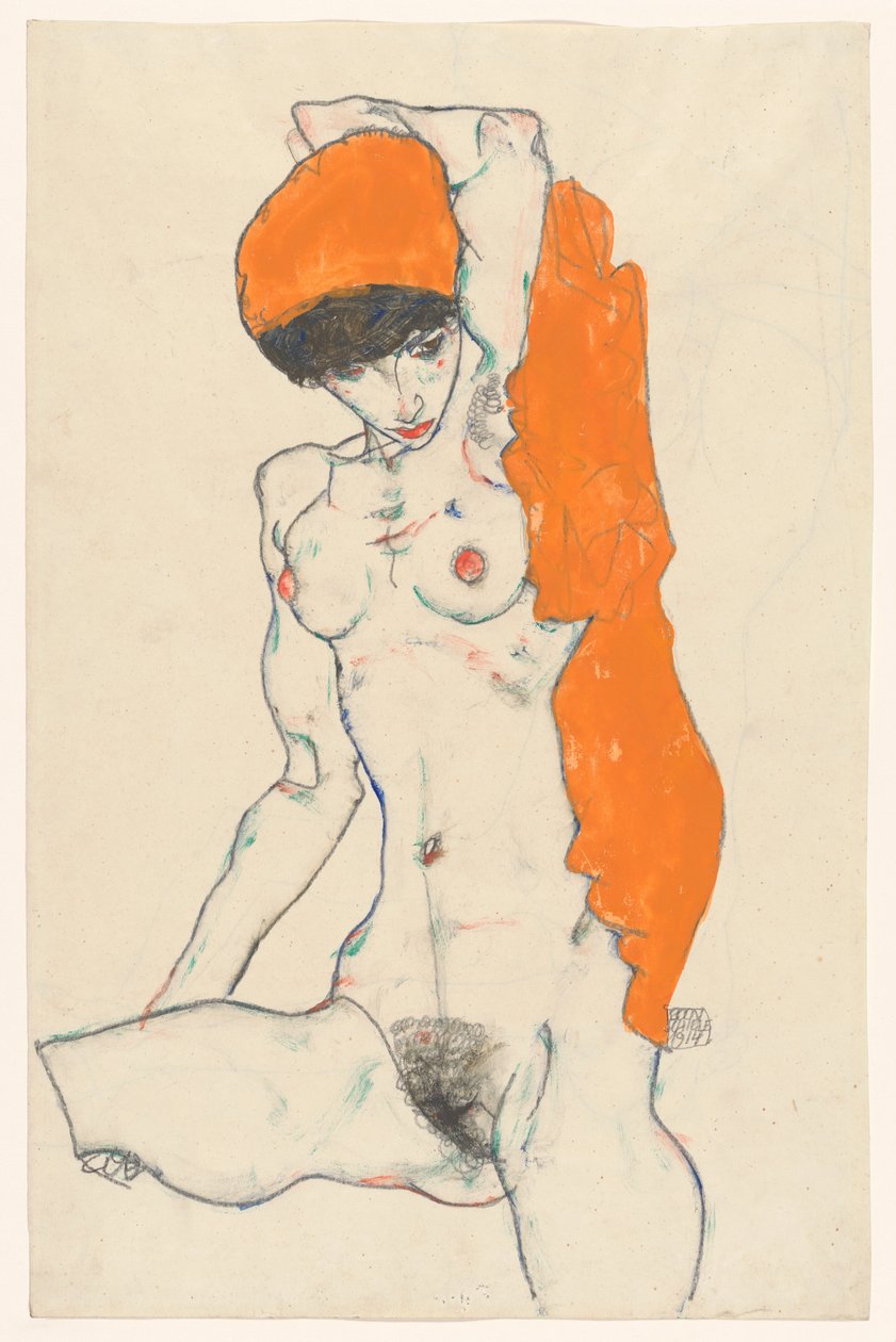 Stehender Akt mit orangefarbenem Tuch (recto): Studie eines Aktes mit erhobenen Armen (verso) autorstwa Egon Schiele