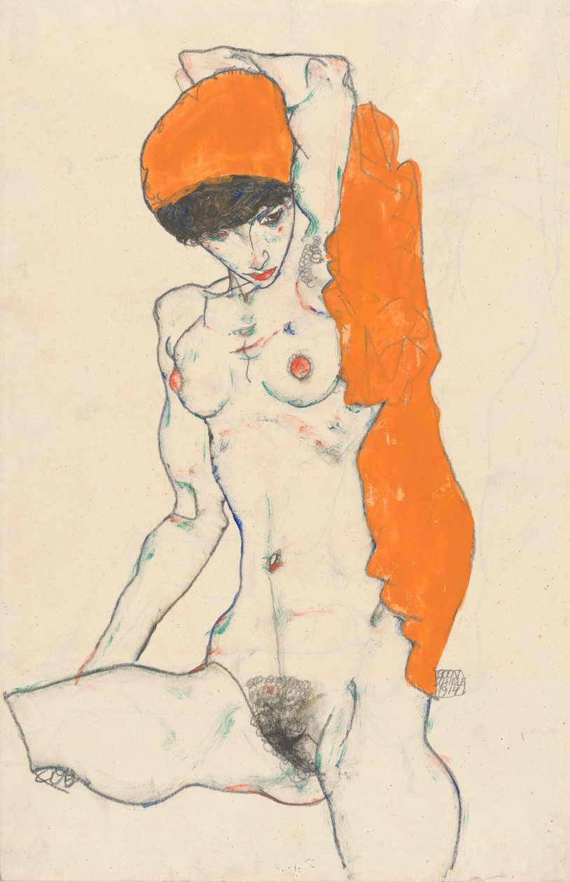 Akt stojący z pomarańczową draperią, 1914 (wc, gwasz i grafit na papierze) autorstwa Egon Schiele