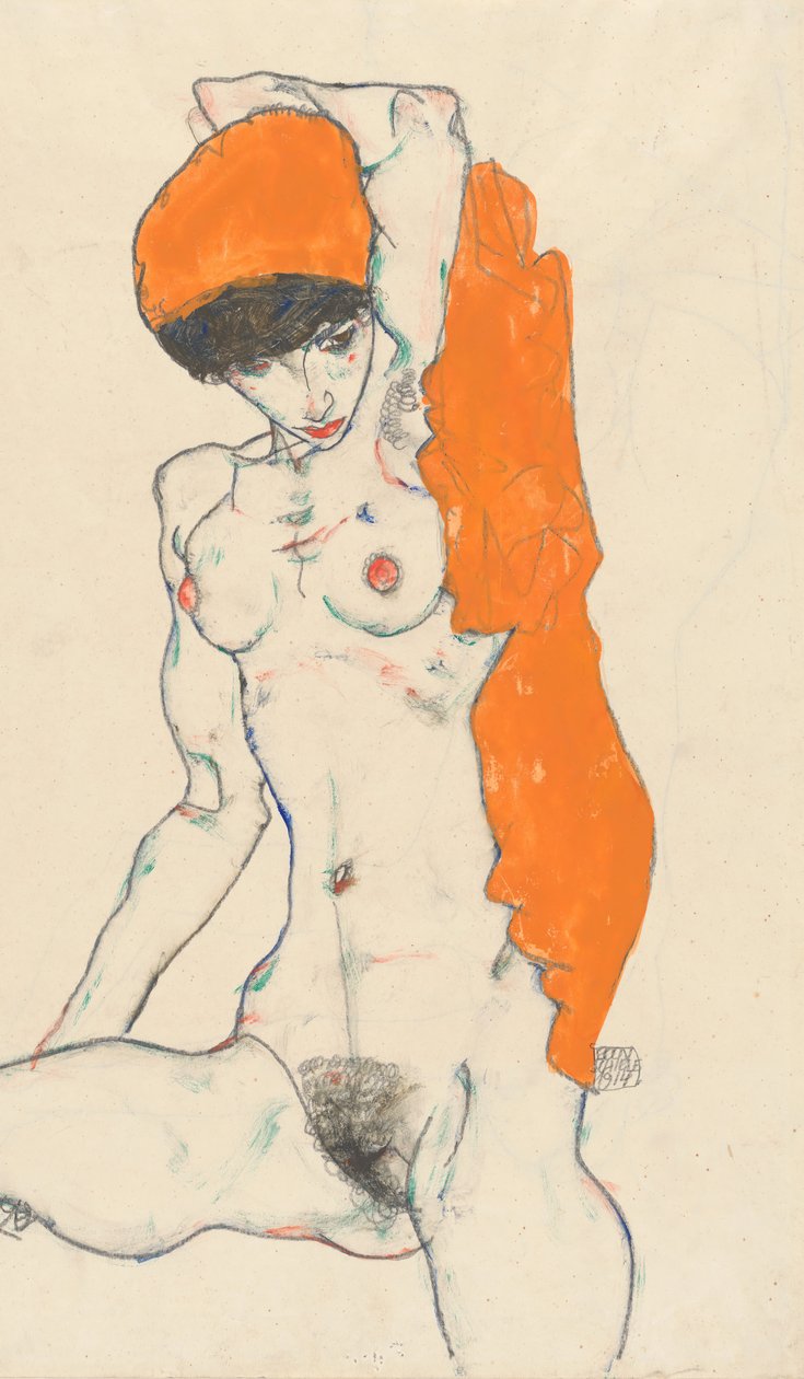 Akt stojący z pomarańczową draperią prosto: Studium aktu z podniesionymi ramionami, 1914. autorstwa Egon Schiele