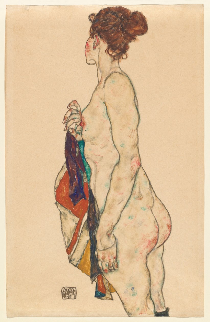 Stojąc nago we wzorzystej szacie autorstwa Egon Schiele