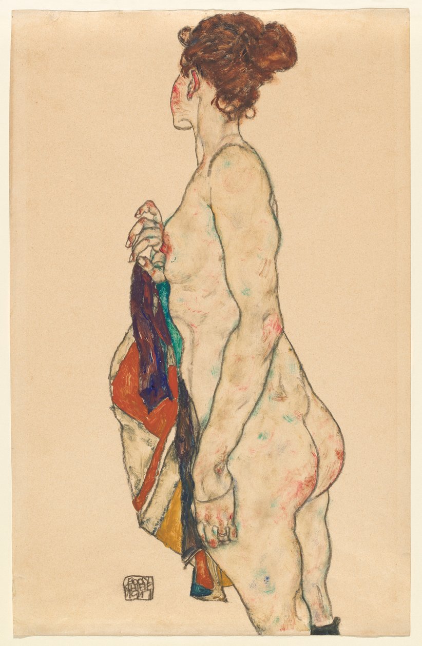 Stojący akt we wzorzystej szacie, 1917 autorstwa Egon Schiele