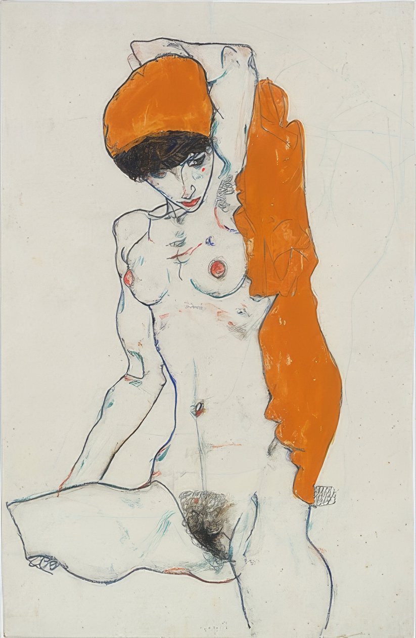 Stojący akt z pomarańczową tkaniną. 1914 autorstwa Egon Schiele
