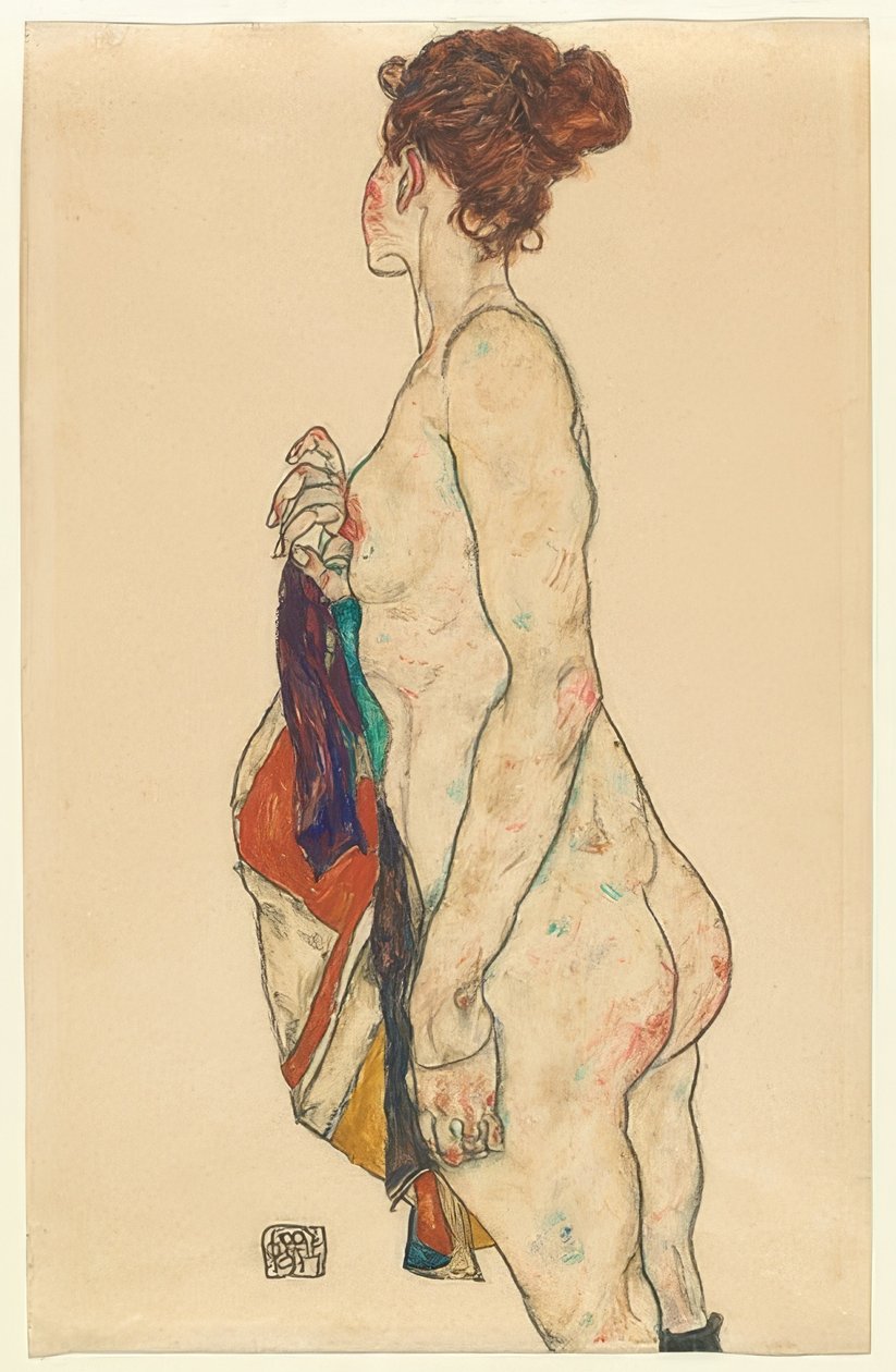 Stojąca nagość z wzorzystą szatą. 1917 autorstwa Egon Schiele