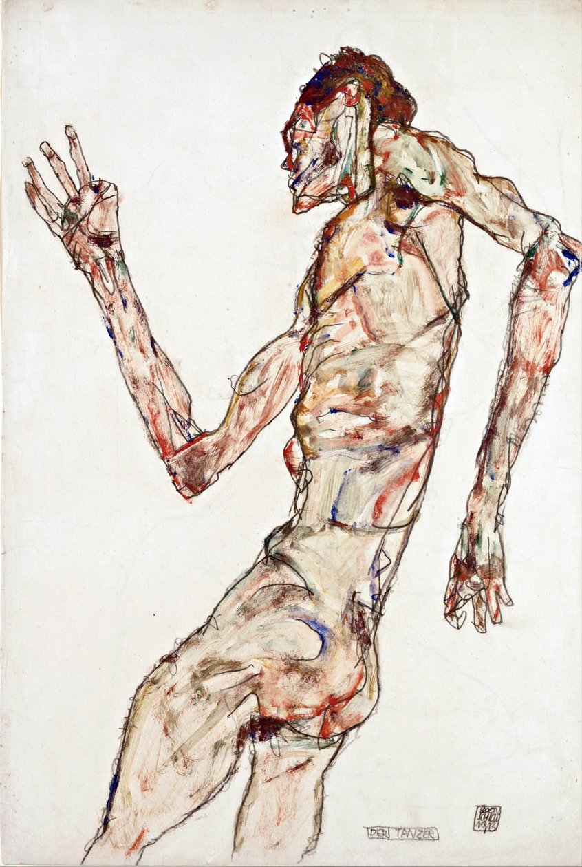 Tancerz - Schiele, Egon (1890-1918) - 1913 - Czarna kreda, Gwasz na papierze - 48,3x32,3 - Muzeum Leopolda, Wiedeń autorstwa Egon Schiele