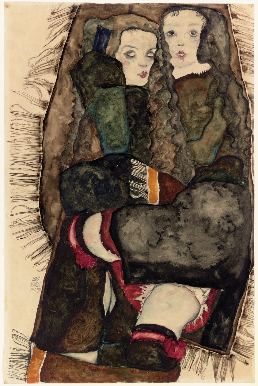 Dwie dziewczyny na kocu z frędzlami; Dwie dziewczyny na kocu z frędzlami, 1911 autorstwa Egon Schiele