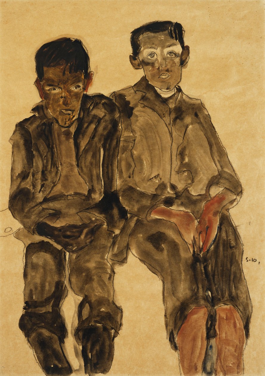 Dwóch siedzących chłopców; Dwóch siedzących chłopców, 1910 autorstwa Egon Schiele