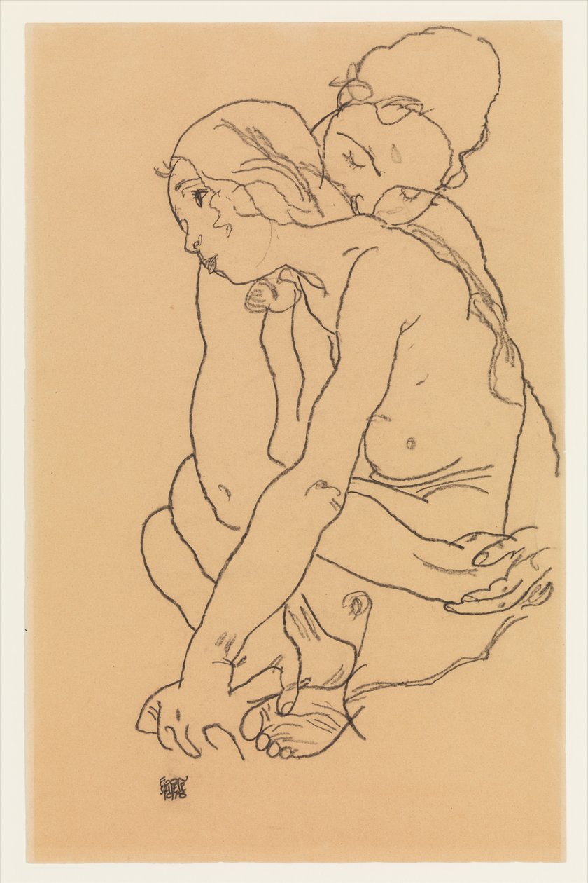 Frau und Mädchen, die sich umarmen autorstwa Egon Schiele