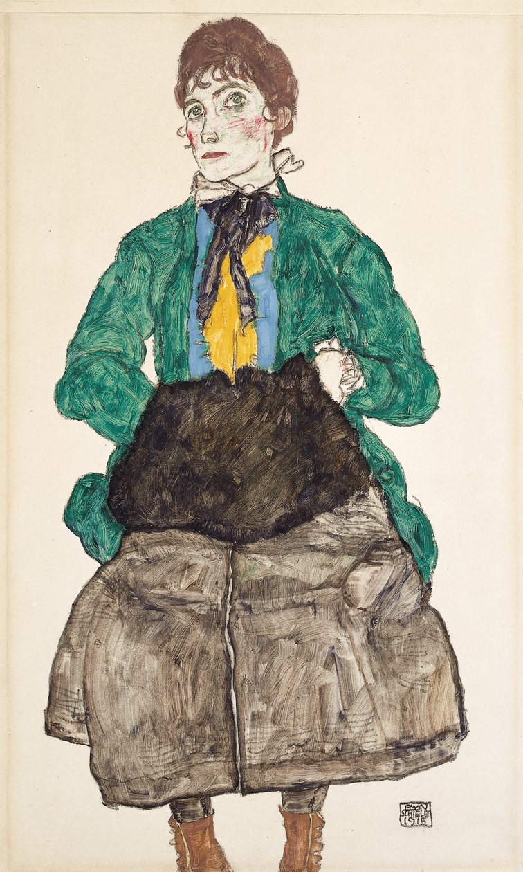 Kobieta w zielonej bluzce z mufką, 1915 autorstwa Egon Schiele