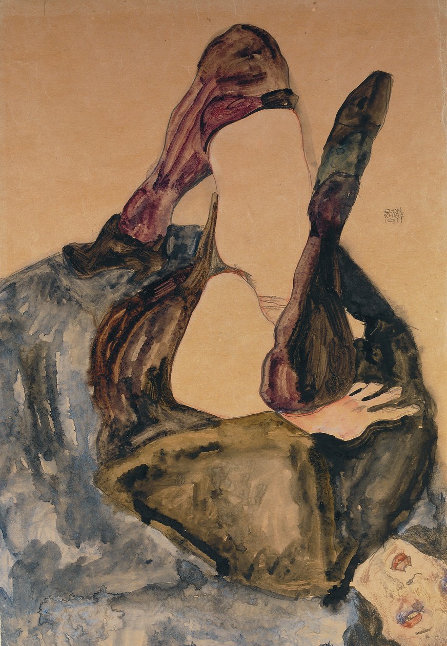 Kobieta z nastroszoną nogą i fioletowymi pończochami; Kobieta z podniesioną nogą i fioletowymi pończochami, 1911 autorstwa Egon Schiele