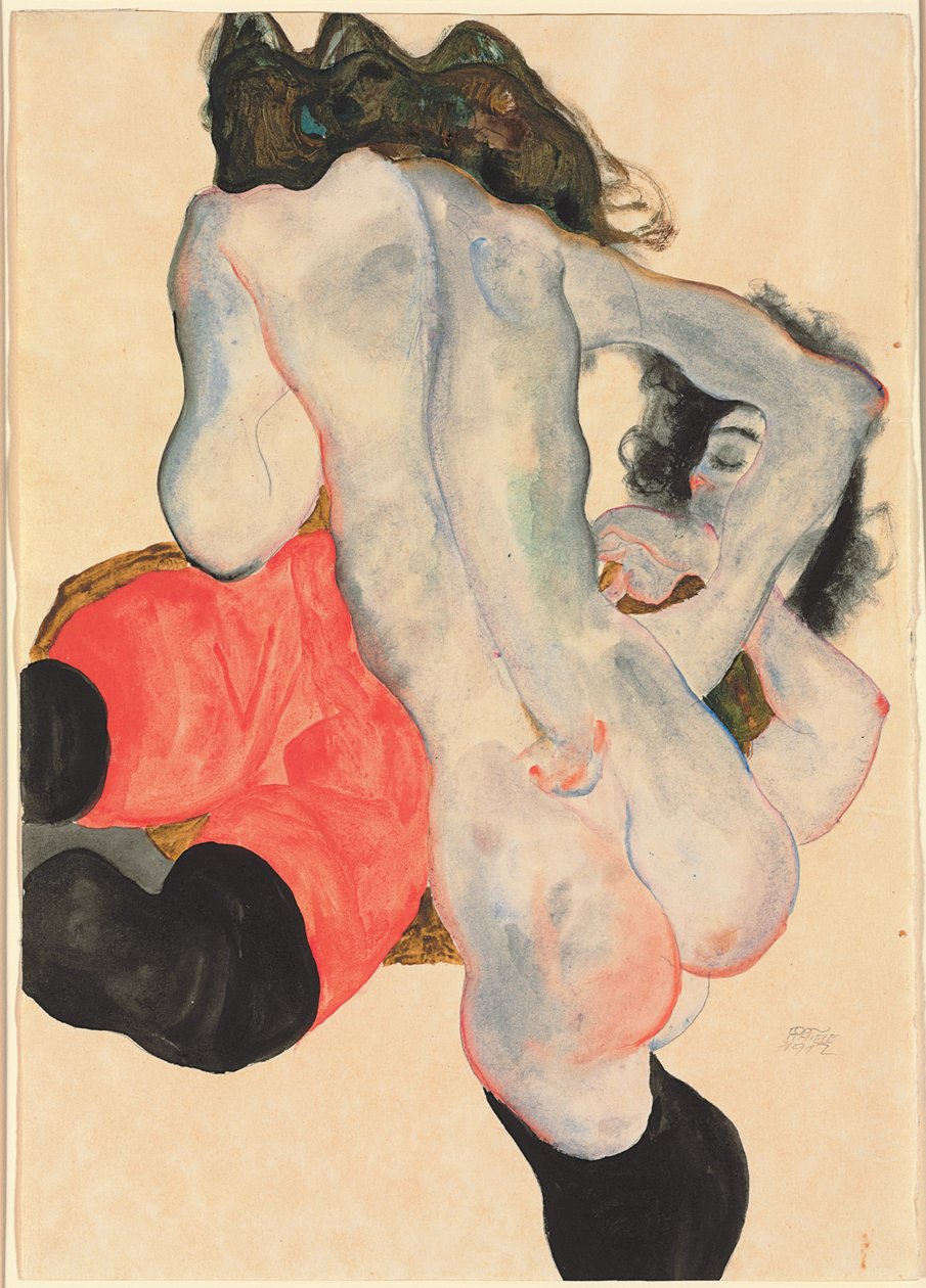 Kobieta w czerwonych spodniach i stojąca nagość kobieca; Leżąca kobieta w czerwonych spodniach i stojąca naga kobieta, 1912 autorstwa Egon Schiele