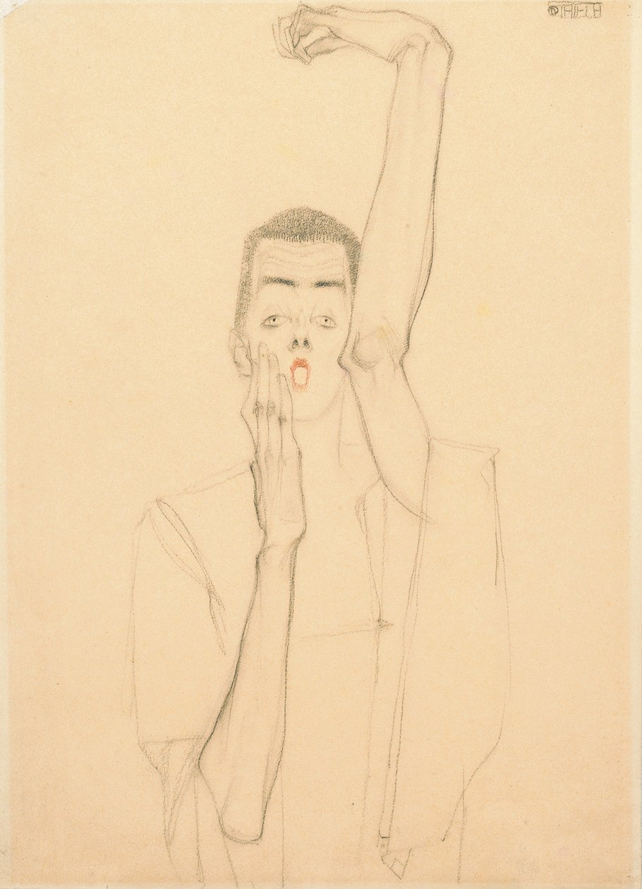 Młody człowiek z podniesioną ręką i czerwonymi ustami; Autoportret z podniesioną lewą ręką i czerwonymi ustami, 1909 autorstwa Egon Schiele