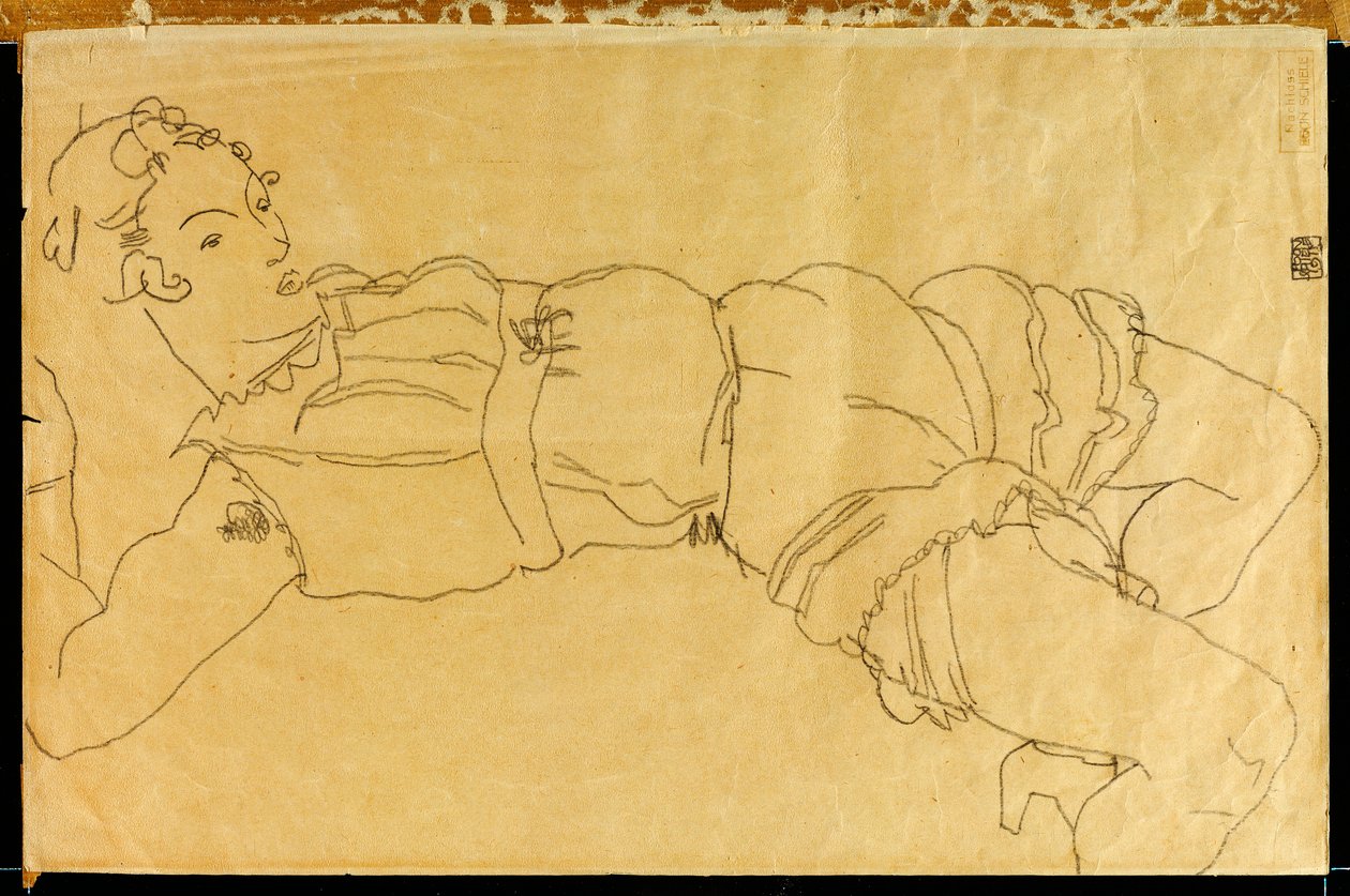 Młoda kobieta leżąca na plecach, 1915 autorstwa Egon Schiele