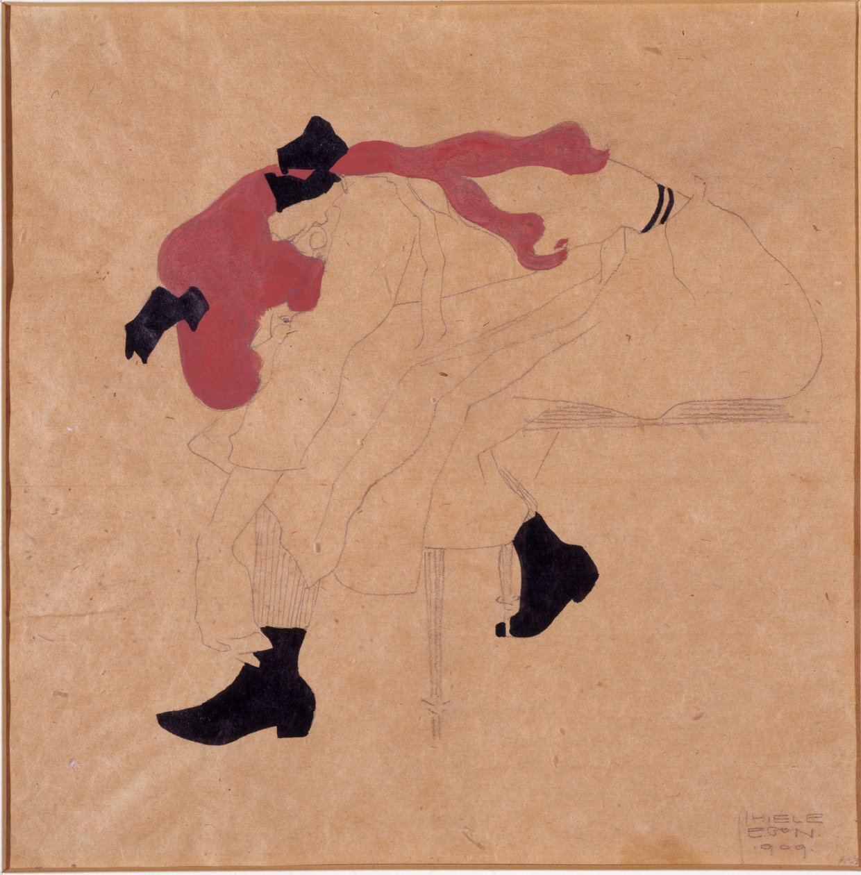 Młoda dziewczyna z czarną wstążką w rudych włosach, zakładająca buty, 1909 autorstwa Egon Schiele