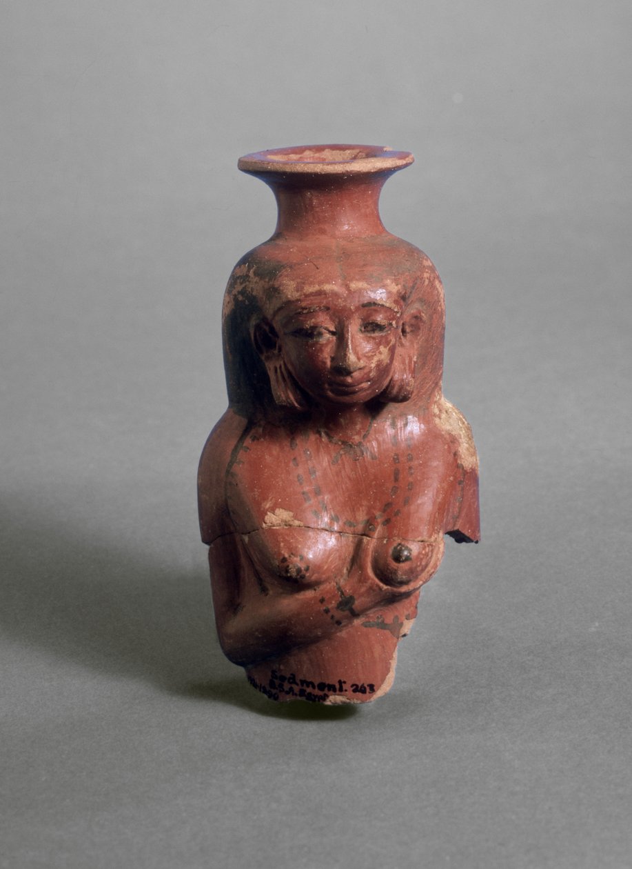 Antropomorficzna waza przedstawiająca kobietę karmiącą piersią, prawdopodobnie boginię Izydę (pomalowana na czerwono ceramika) autorstwa Egyptian
