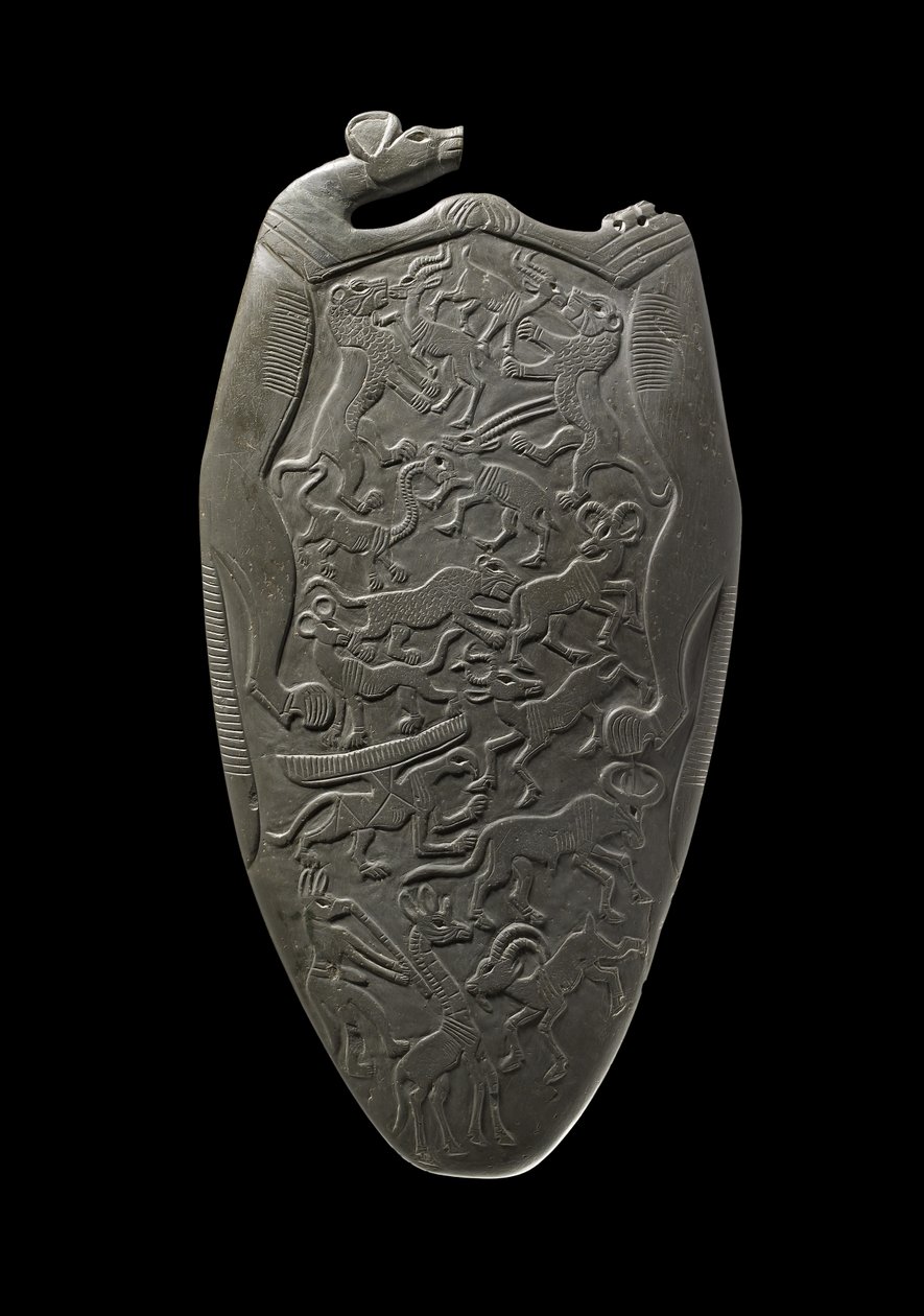 Paleta ceremonialna wyrzeźbiona ze zwierzętami, niektóre w walce, inne tańczące do muzyki flecisty z głową szakala, z Głównego Depozytu, Hierakonpolis, ok. 3000 pne (łupek) autorstwa Egyptian