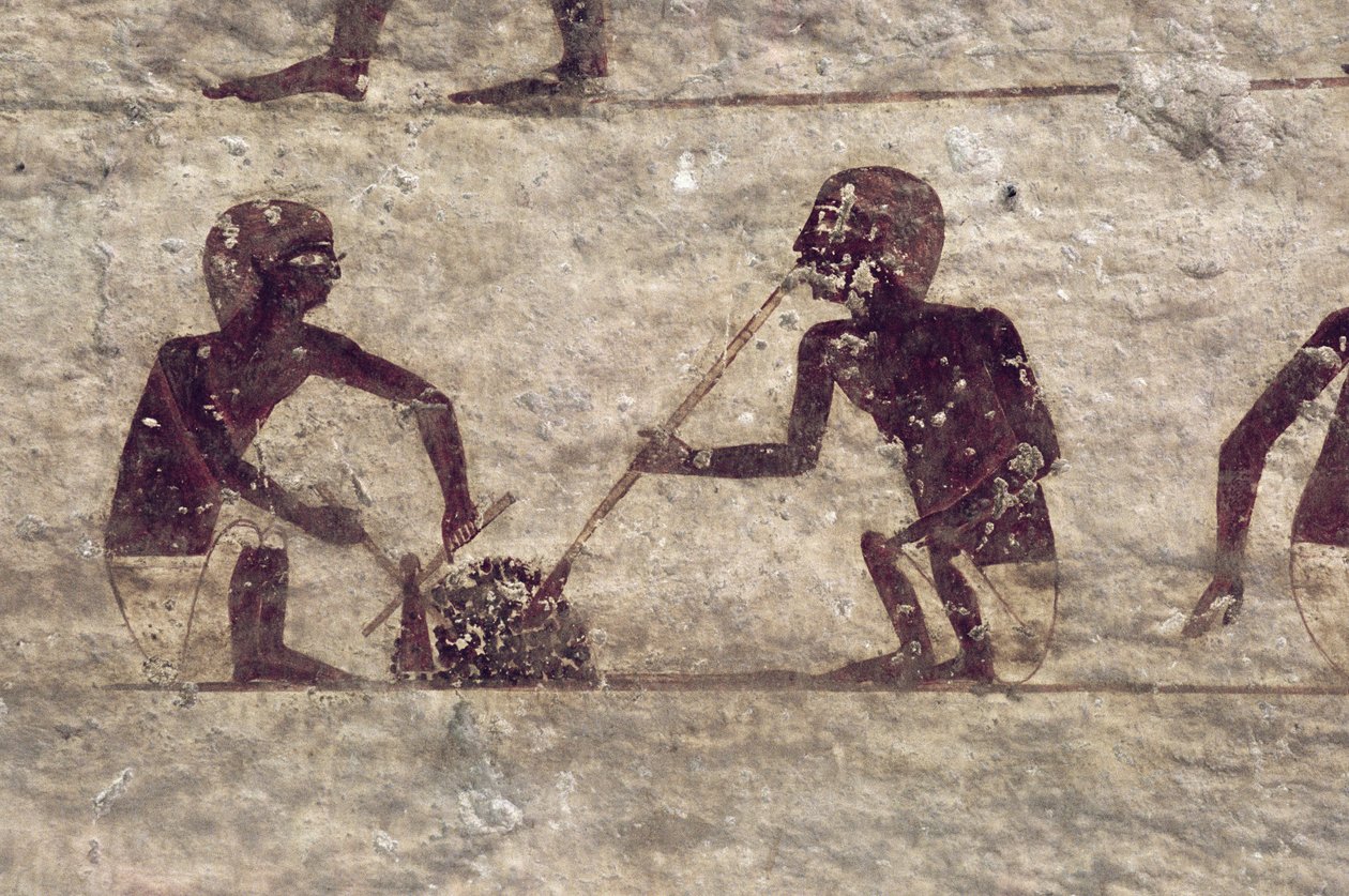 Dmuchacze szkła, detal z malowidła ściennego w grobowcu, Egipt, Stare i Średnie Państwo (malowany wapień) autorstwa Egyptian