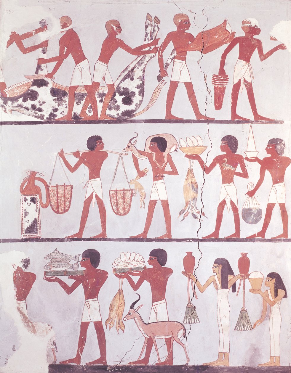 Scena rzeźników i sług przynoszących ofiary z grobowca Onsou, ok. 1375 r. p.n.e autorstwa Egyptian 18th Dynasty