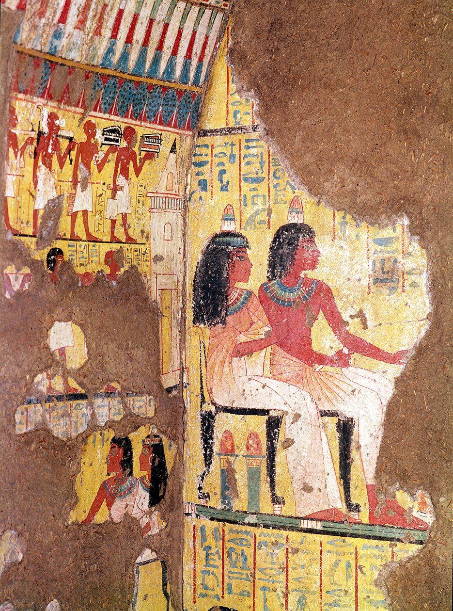 Malarz Maie i jego żona siedzieli ze swojego grobowca, zrekonstruowanego w muzeum, New Kingdom (malowany wapień) autorstwa Egyptian 18th Dynasty