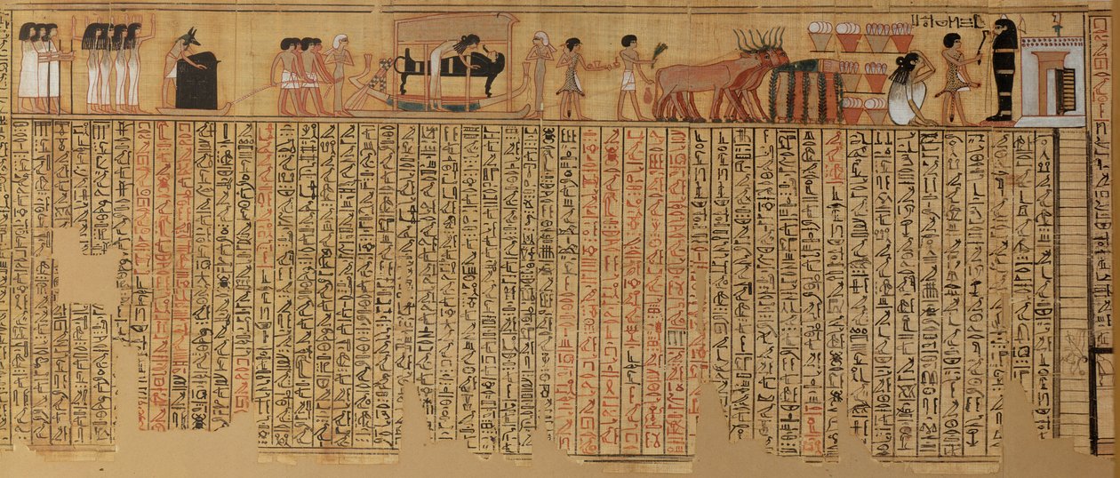 Duch zmarłego zstępujący do grobu, z Księgi Umarłych pisarza Neqbed, Nowe Królestwo (papirus) autorstwa Egyptian 18th Dynasty