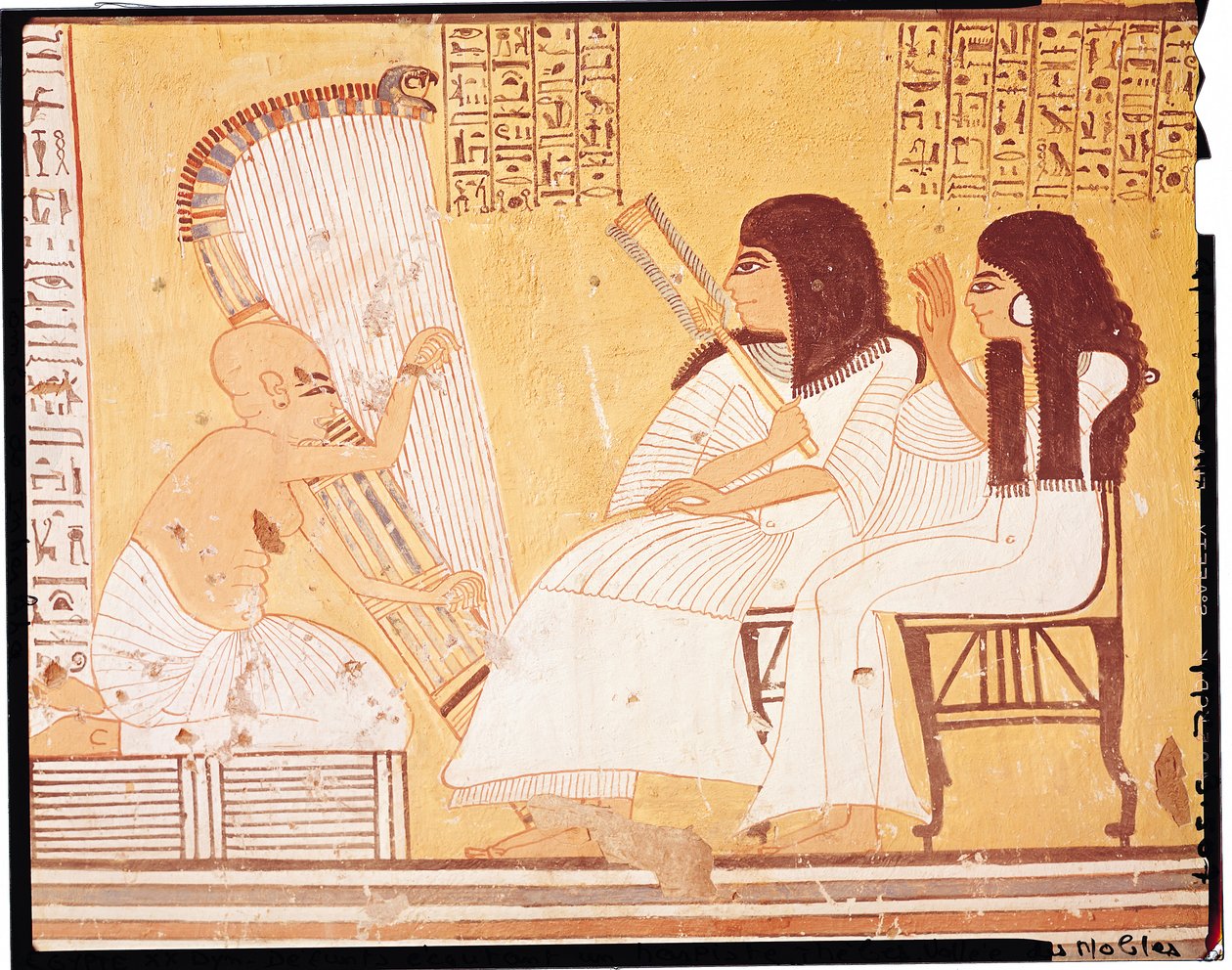 Zmarły i jego żona słuchający niewidomego harfisty, z grobowca Ankerkhe, grobowce robotników, nowe królestwo (malowidło ścienne) autorstwa Egyptian 20th Dynasty