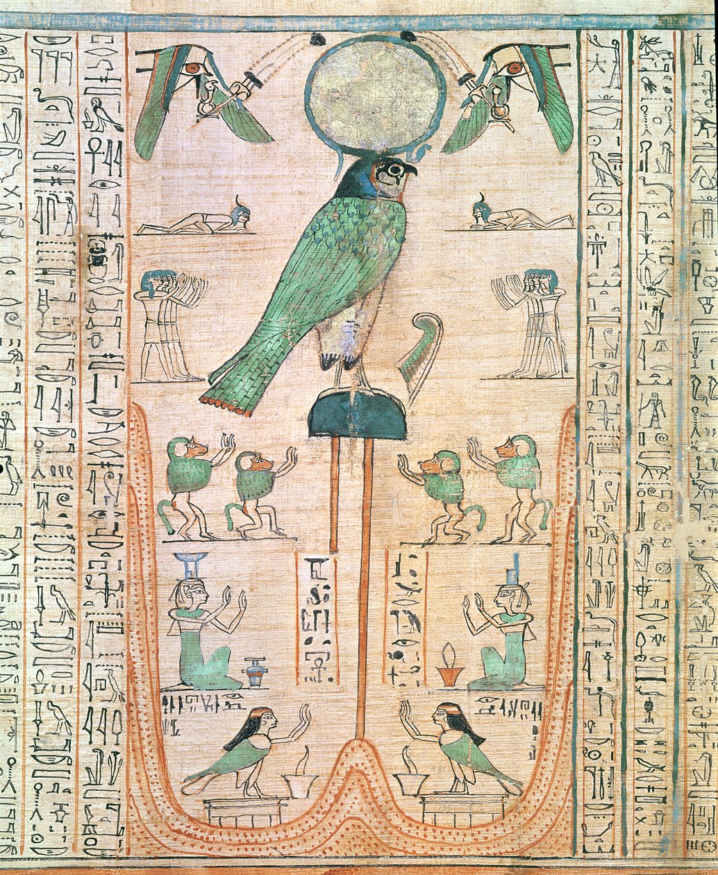 Adoracja Wschodzącego Słońca w postaci Sokoła Re-Horachty, Nowe Królestwo, ok. 1150 pne (papirus) autorstwa Egyptian 20th Dynasty