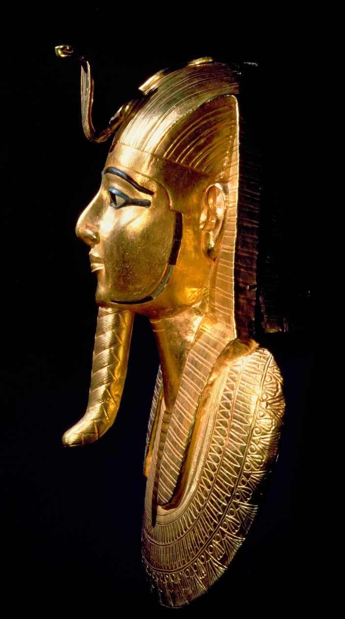 Maska pogrzebowa Psusennesa I (ok. 1039-991 pne) Trzeci Okres Przejściowy (złoto inkrustowane lapis lazuli i czarno-białe szkło) autorstwa Egyptian 21st Dynasty