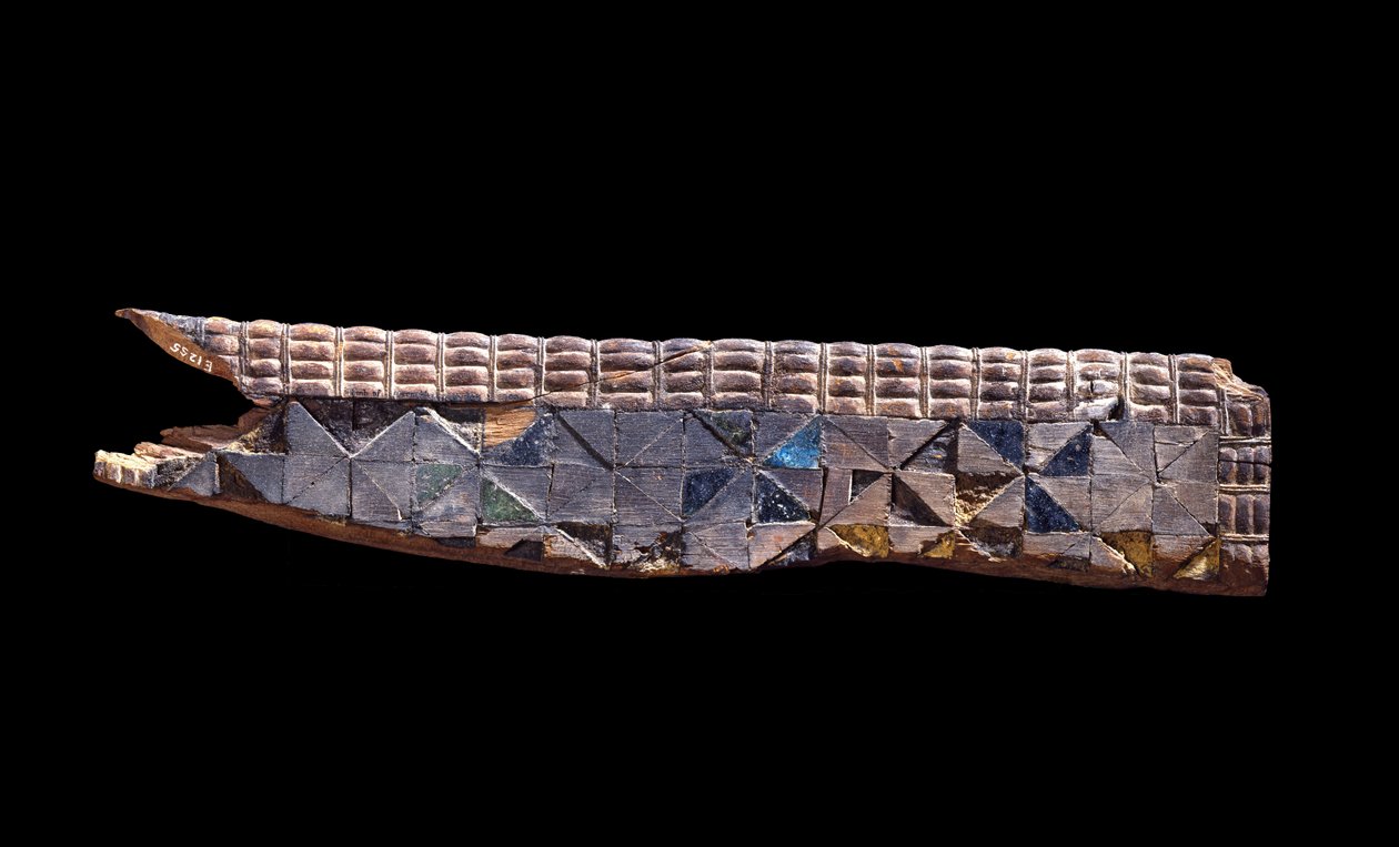 Fragment mebli wyrzeźbionych z drewna iglastego, ok. 2800 pne drewno iglaste inkrustowane fajansem i kolorowym drewnem obłożonym tynkiem autorstwa Egyptian 2nd Dynasty