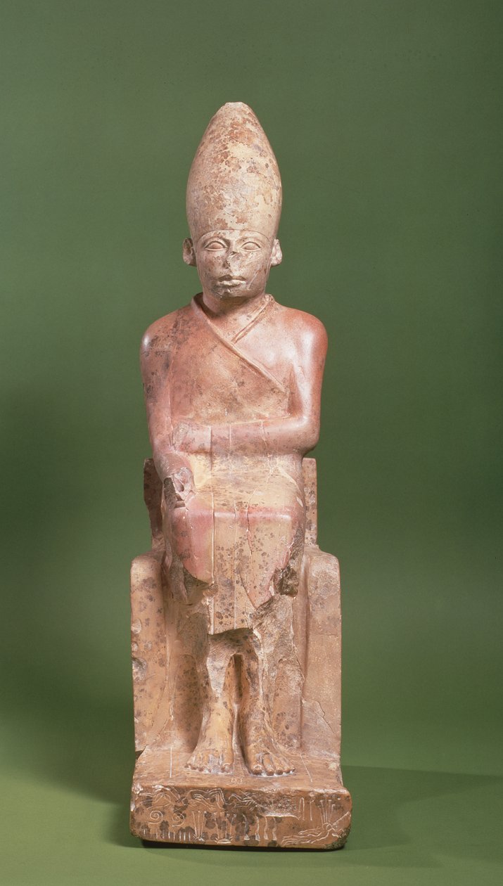 Posąg siedzący faraona Chasekhema z wyrytymi wokół podstawy napisami pokonanych wrogów, znaleziony w Hierakonpolis, ok. 2700 p.n.e. (wapień) autorstwa Egyptian 2nd Dynasty