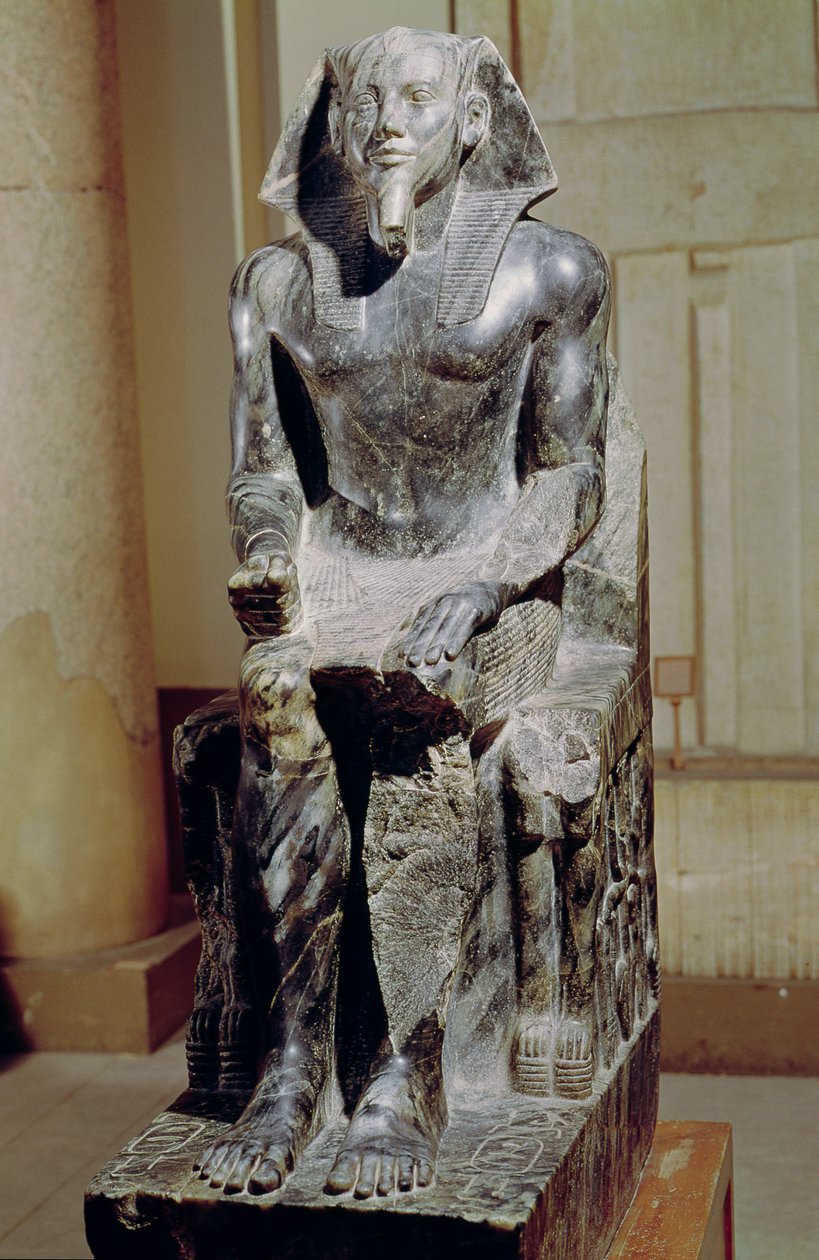 Posąg Chefrena na tronie (2520-2494 pne) z Doliny Świątyni Piramidy Chefrena w Gizie, Stare Państwo, ok. 2540-2505 pne (dioryt) (patrz także 68319) autorstwa Egyptian 4th Dynasty