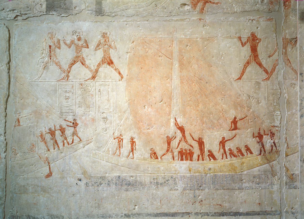 Płaskorzeźba z Mastaby Achetotepa przedstawiająca pływanie łódką, z Sakkary, Stare Królestwo (malowany wapień) autorstwa Egyptian 5th Dynasty