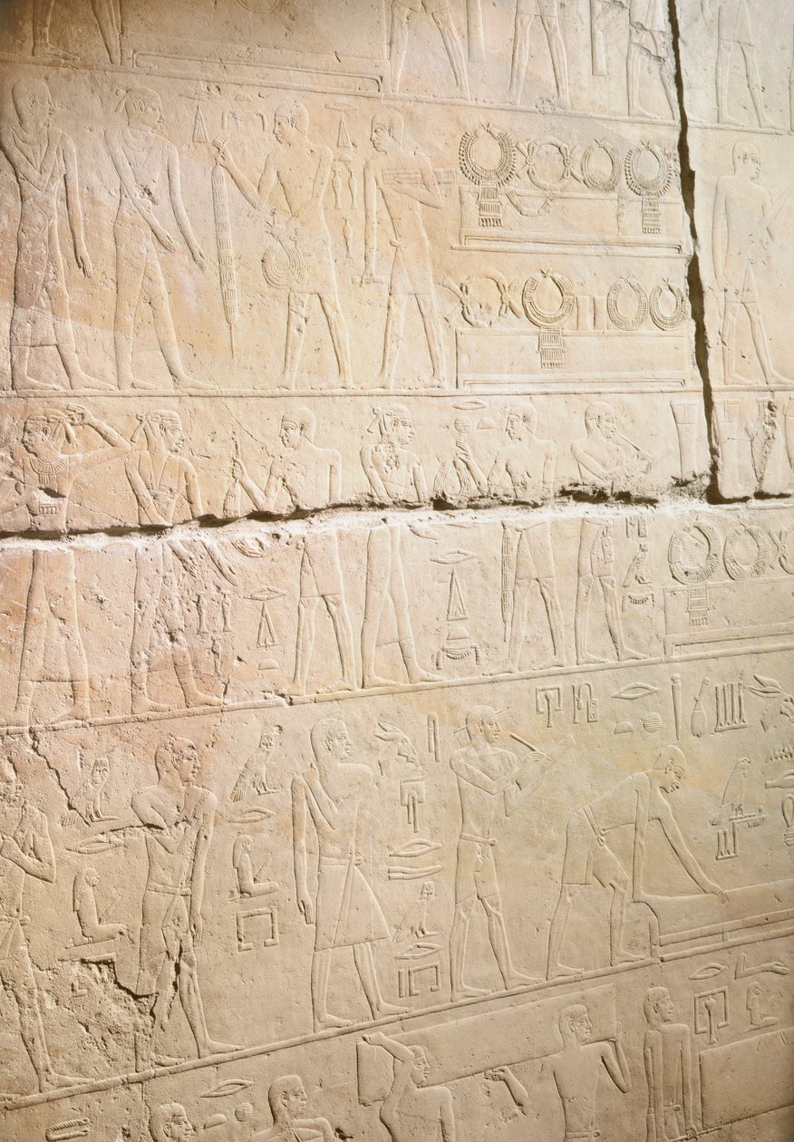 Płaskorzeźba z mastaby Achetotepa przedstawiająca wymianę naszyjników, z Sakkary, Stare Państwo (malowany wapień) autorstwa Egyptian 5th Dynasty