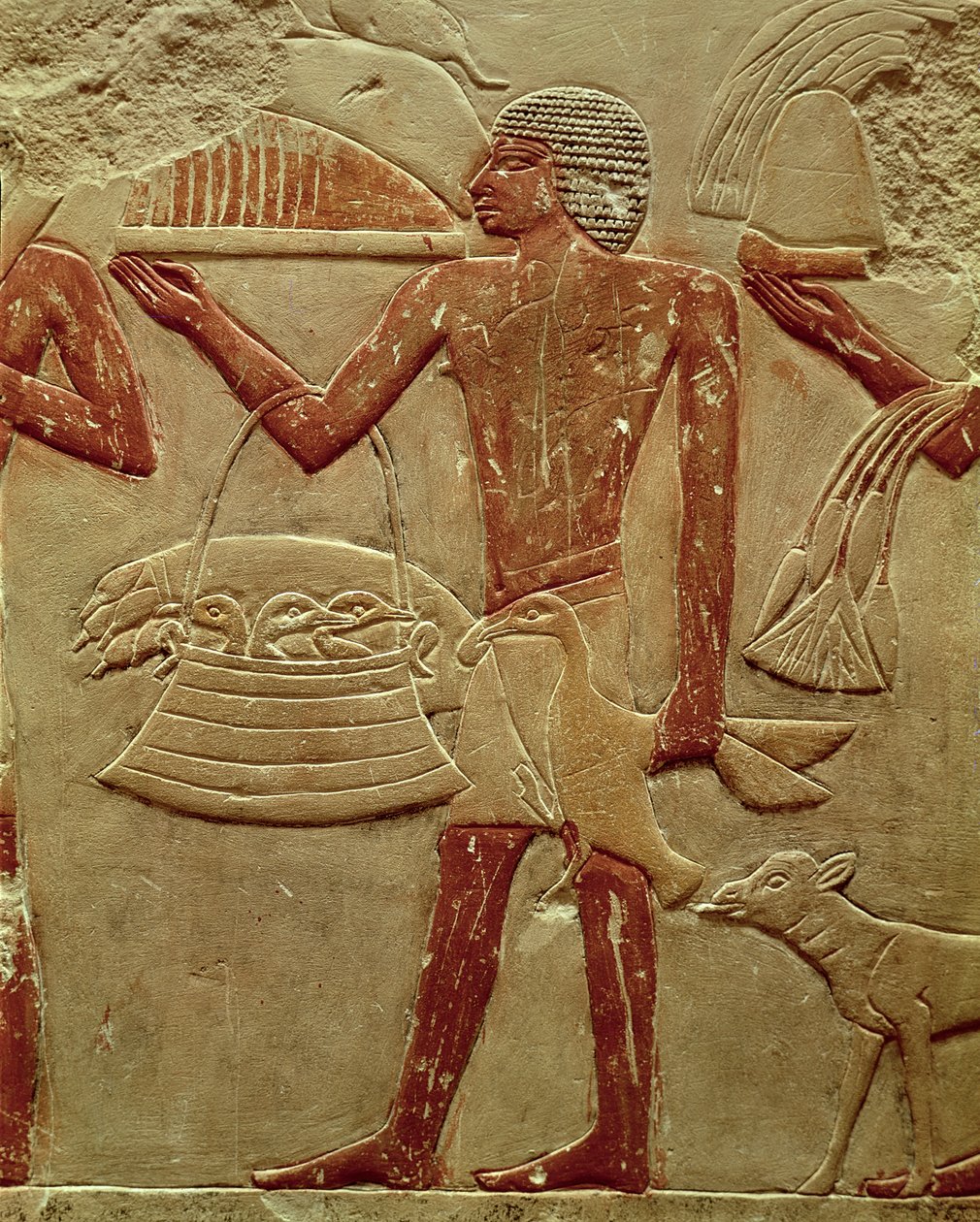 Relief przedstawiający tragarza z koszem adeptów, z grobu księżniczki Idut, Stare Państwo, ok. 2330 pne (malowany wapień) autorstwa Egyptian 6th Dynasty