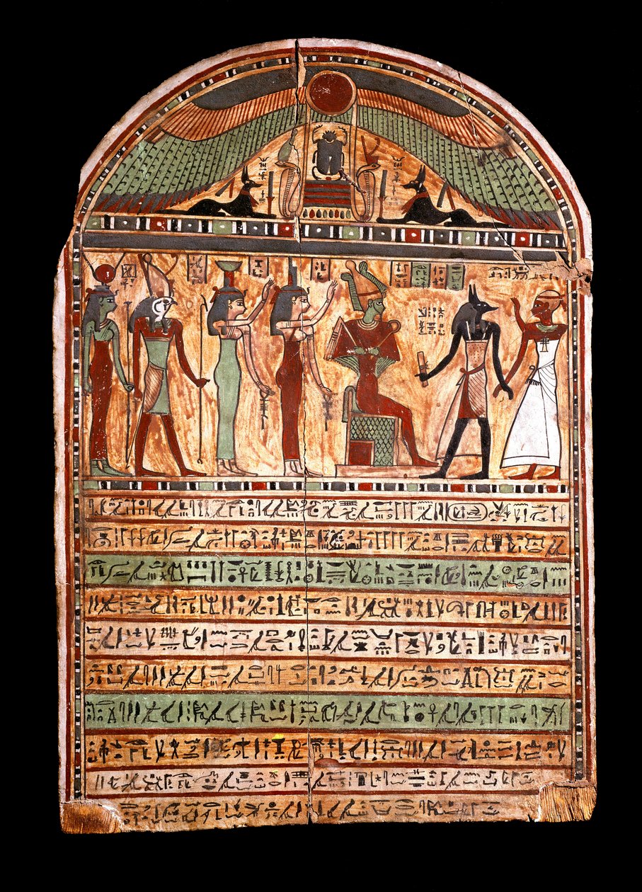 Starożytność egipska: stela grobowa arcykapłana: Ozyrys wita zmarłego obecnego w Anubis, za nim bóstwa Izyda, Neftyda (Neftyda lub Neftis), Horus, Hathor. III-II wiek p.n.e. turyn, muzeum egipskie - antyki egipskie: stela grobowa autorstwa Egyptian