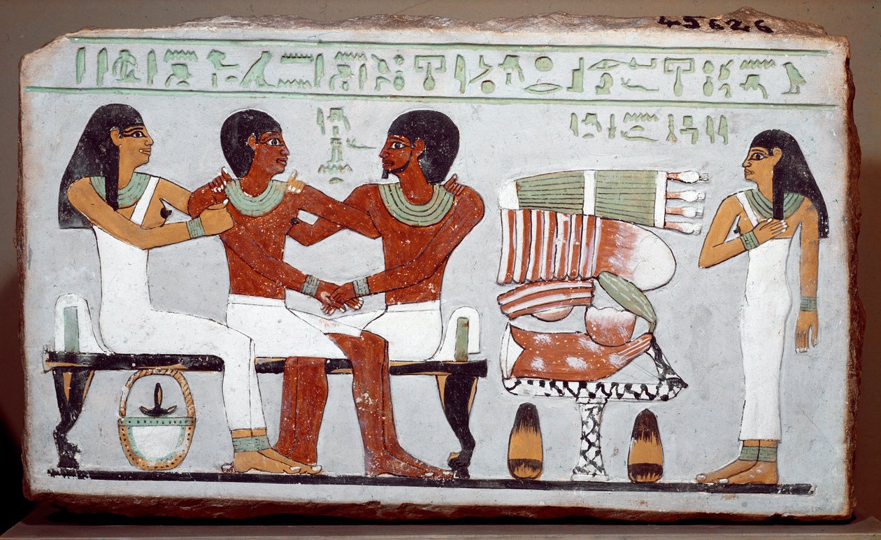 Starożytność egipska: stela grobowa malowana wapieniem przedstawiająca rodzinę Amenemhet (Amenemhat) autorstwa Egyptian 11th Dynasty
